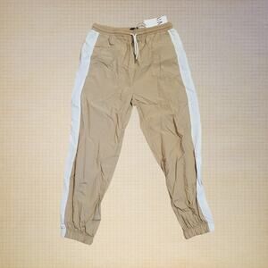 NWT Zara Windbreaker Jogger Pants Contrast Side Seam White Tan Womens Large
